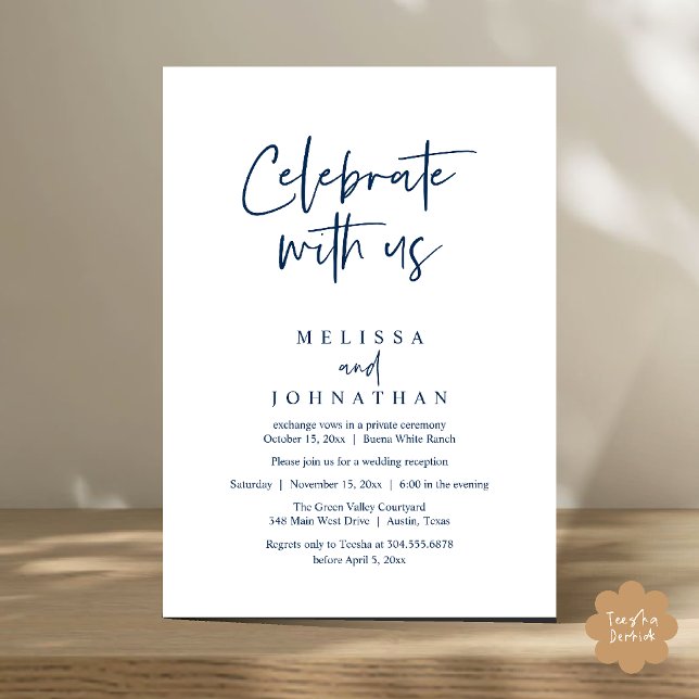 Fira med oss, Modern bröllopsmottagning Inbjudningar (Celebrate with us Modern Casual Wedding Reception Dinner Lunch Brunch Invites Card PDF Navy Blue)