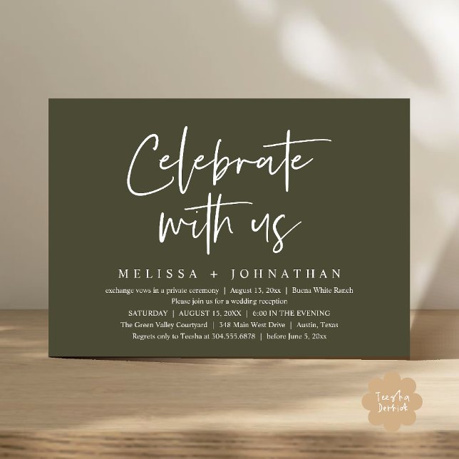 Fira med oss Modern bröllopsmottagning Inbjudningar (Celebrate with us Modern Casual Wedding Reception Dinner Lunch Brunch Invites Card PDF Olive Green)