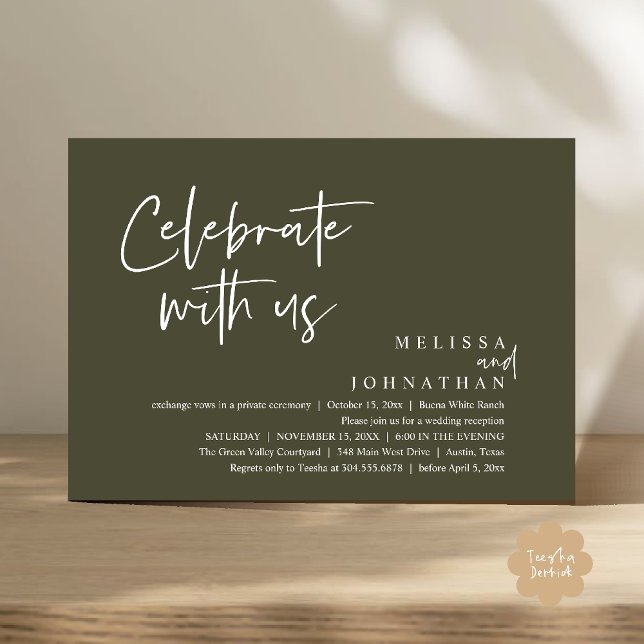 Fira med oss Modern bröllopsmottagning Inbjudningar (Celebrate with us Modern Casual Wedding Reception Dinner Lunch Brunch Invites Card PDF Olive Green)