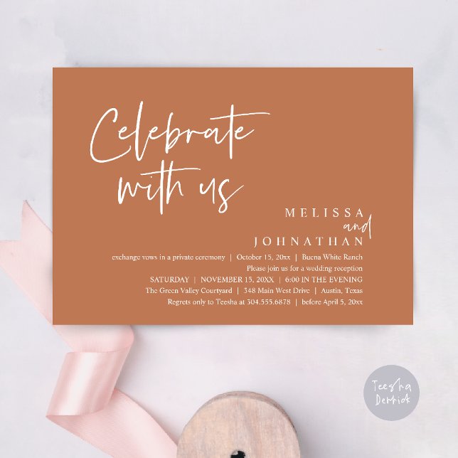 Fira med oss Modern bröllopsmottagning Inbjudningar (Celebrate with us Modern Casual Wedding Reception Dinner Lunch Brunch Invites Card PDF Copper Brown)