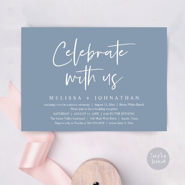 Fira med oss Modern bröllopsmottagning Inbjudningar (Celebrate with us Modern Casual Wedding Reception Dinner Lunch Brunch Invites Card PDF Dusty Blue)