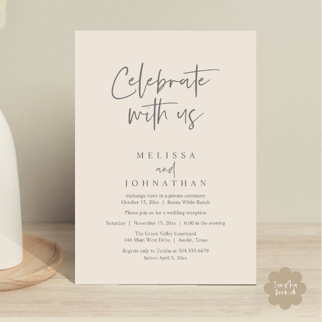 Fira med oss, Modern bröllopsmottagning Inbjudningar (Celebrate with us Modern Casual Wedding Reception Dinner Lunch Brunch Invites Card PDF Cream Grey)