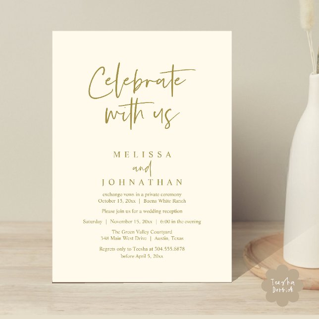 Fira med oss, Modern bröllopsmottagning Inbjudningar (Celebrate with us Modern Casual Wedding Reception Dinner Lunch Brunch Invites Card PDF Yellow Gold)