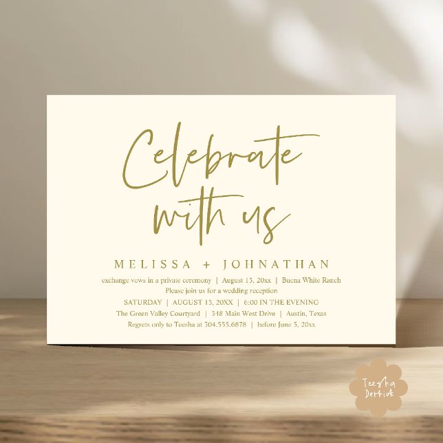 Fira med oss Modern bröllopsmottagning Inbjudningar (Celebrate with us Modern Casual Wedding Reception Dinner Lunch Brunch Invites Card PDF Yellow Gold)