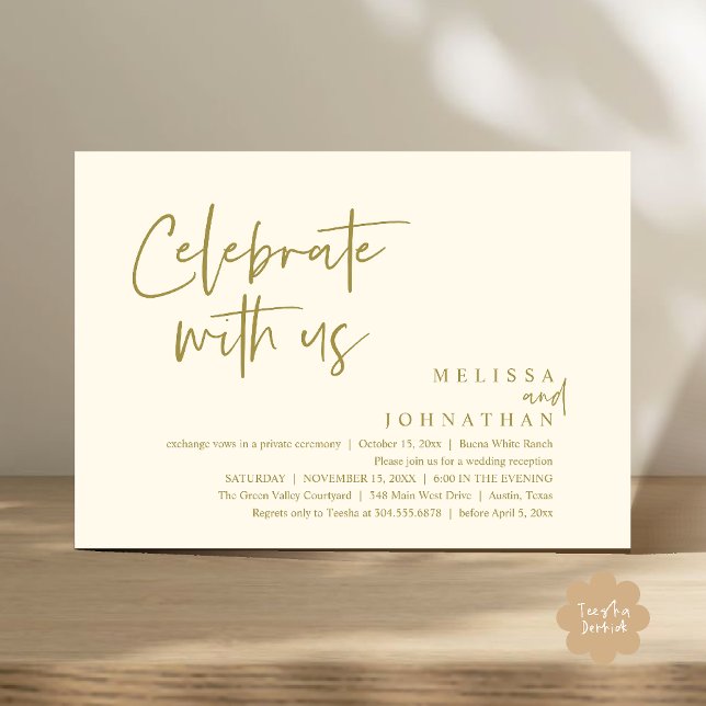 Fira med oss Modern bröllopsmottagning Inbjudningar (Celebrate with us Modern Casual Wedding Reception Dinner Lunch Brunch Invites Card PDF Yellow Gold)