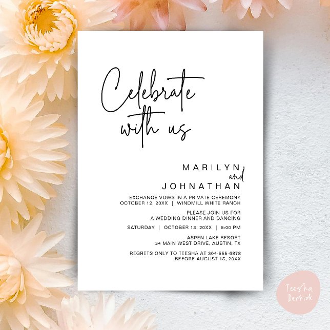 Fira med oss, Modern bröllopsmottagning Party Inbjudningar (Celebrate with us, Post Wedding Elopement Party Dinner Brunch Lunch Invitation Card PDF Black White)