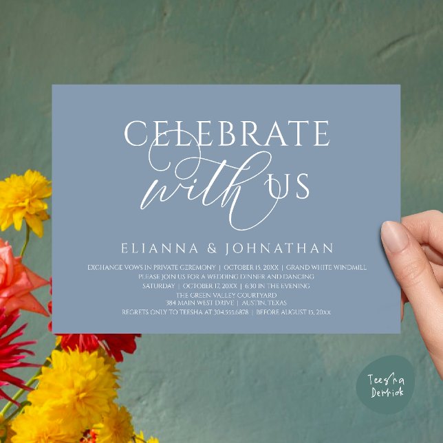 Fira med oss, Modern Elegant Bröllopsmiddag Inbjudningar (Celebrate with us, Modern Elegant Wedding Dinner Lunch Brunch Invitation Card in Dusty Blue)