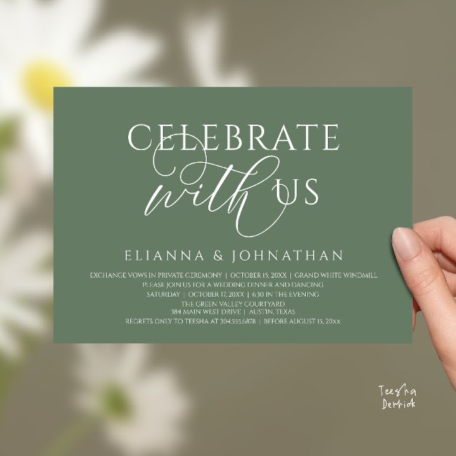 Fira med oss, Modern Elegant Bröllopsmiddag Inbjudningar (Celebrate with us, Modern Elegant Wedding Dinner Lunch Brunch Invitation Card in Sage Green)