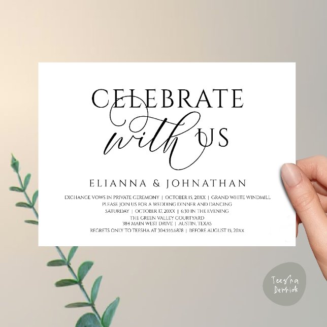 Fira med oss, Modern Elegant Bröllopsmiddag Inbjudningar (Celebrate with us, Modern Elegant Wedding Dinner Lunch Brunch Invitation Card in Black and White)