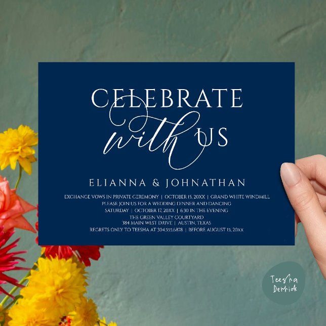 Fira med oss, Modern Elegant Bröllopsmiddag Inbjudningar (Celebrate with us, Modern Elegant Wedding Dinner Lunch Brunch Invitation Card in Navy Blue)
