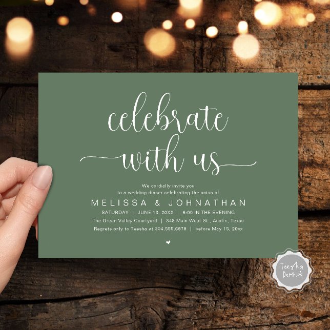 Fira med oss modern minimalist bröllopsmiddag inbjudningar (Celebrate With Us, Modern Minimalist Wedding Reception Dinner Party Invites Card Sage Green)