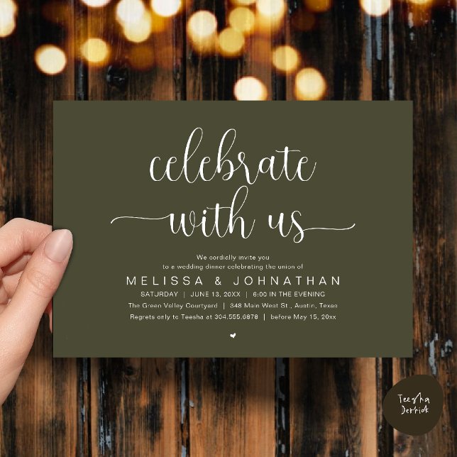 Fira Med Oss Modern Minimalistisk Bröllopsmiddag Inbjudningar (Celebrate With Us, Modern Minimalist Wedding Reception Dinner Party Invites Card Olive Green)