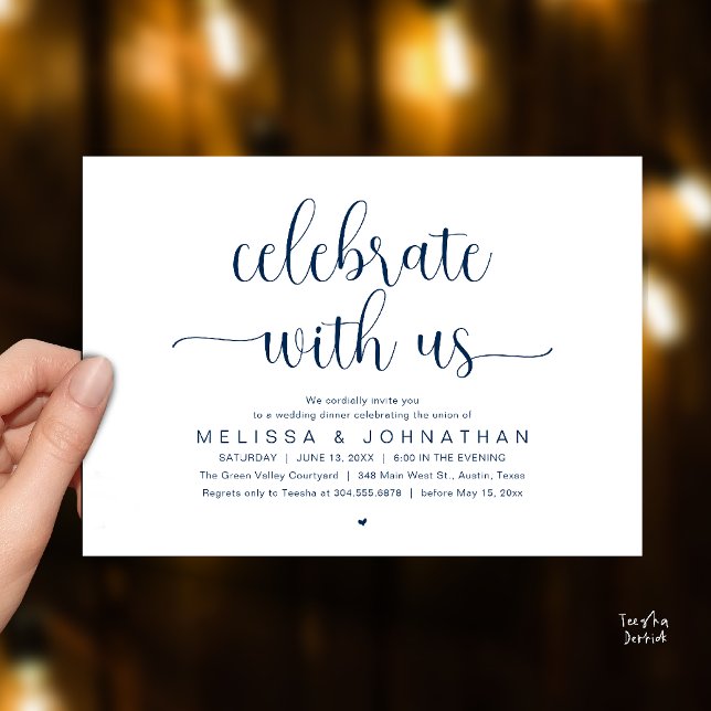 Fira med oss Modern minimalistisk bröllopsmiddag Inbjudningar (Celebrate With Us, Modern Minimalist Wedding Reception Dinner Party Invites Card Navy Blue)