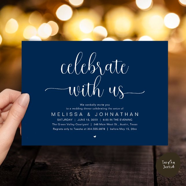 Fira Med Oss Modern Minimalistisk Bröllopsmiddag Inbjudningar (Celebrate With Us, Modern Minimalist Wedding Reception Dinner Party Invites Card Navy Blue)