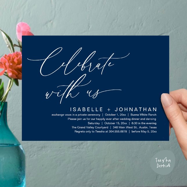 Fira med oss, Romantisk bröllopsmiddag Inbjudningar (Celebrate with us, Romantic Wedding Dinner Brunch Party Invites Card PDF Modern Classy Navy Blue)