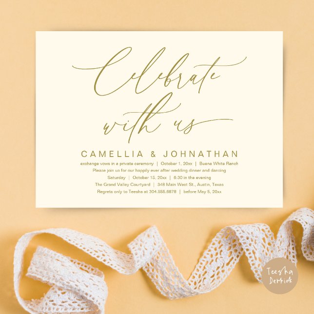 Fira med oss, Romantisk Bröllopsmiddag Inbjudningar (Romantic Wedding Dinner Party, Celebrate with us Lunch Brunch Modern Invites Card  PDF Yellow Gold)