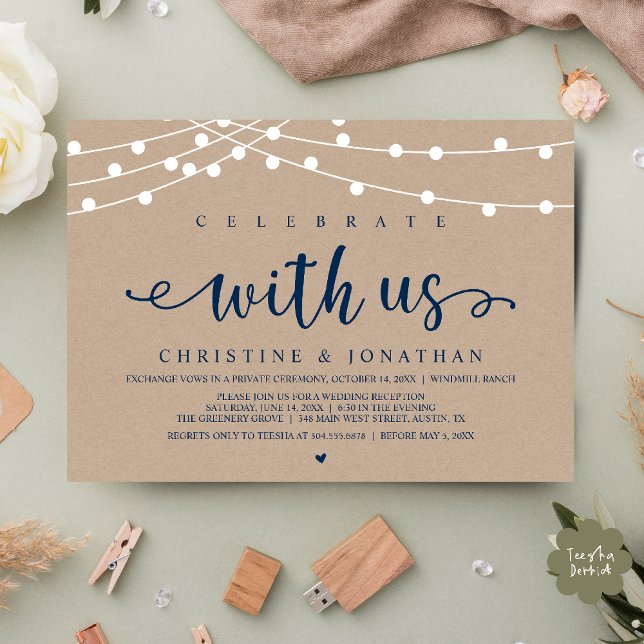 Fira med oss Rustic Farm Bröllop String Light Inbjudningar (Celebrate with us Rustic Farm Wedding String Light Invitation Card, PDF, Navy Blue with little heart)