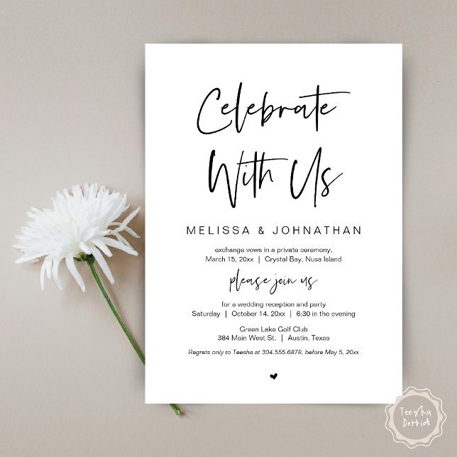 Fira med oss, Svart, Bröllopsflykt Inbjudningar (Celebrate with us, modern wedding elopement dinner invitation card, pdf, in black and white)
