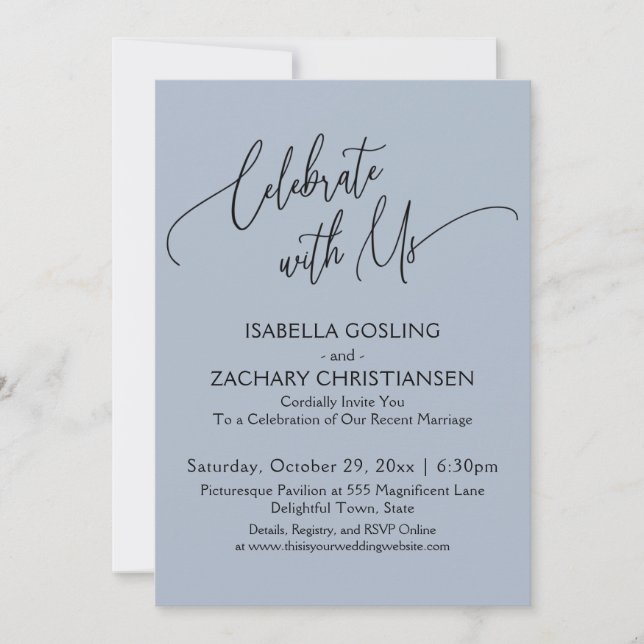 Fira med Oss Vacker Handstil Dammig Blå Inbjudningar (Framsida)