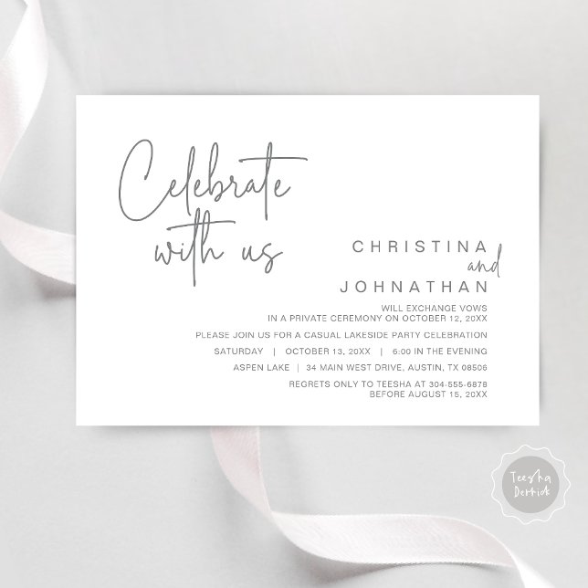 Firade med oss, Efterbröllopsfest Inbjudningar (Celebrate with us, Modern Wedding Elopement Dinner Party Invitation Card, PDF, in Dark Grey)
