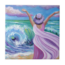 Firande av kvinnor på Beach Ceramic Tile Kakelplatta