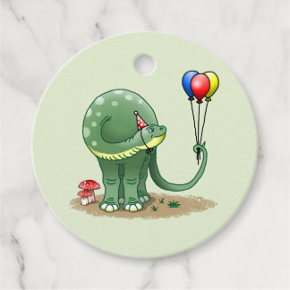 Firande dinosaurie med tre ballonger gåvor etiketter