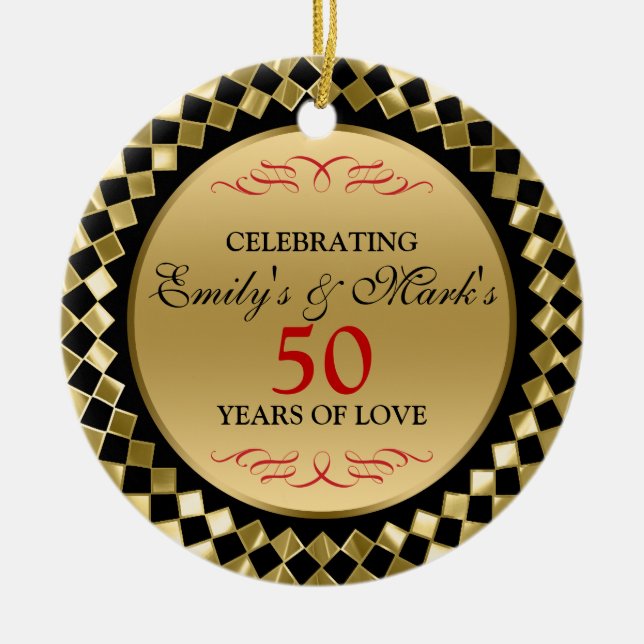 Firande- Guld diamanter och rödspolar Julgransprydnad Keramik (Framsidan)