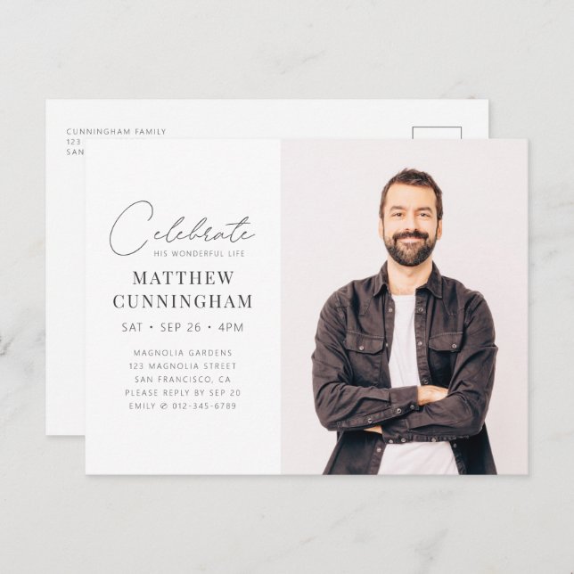 Firande Hans underbara, moderna, enkla foto Inbjudan Vykort (Fram/baksida)