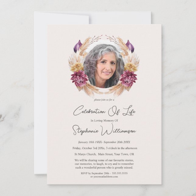 Firande i Life 5 Foto Autumn Blommigt Funeral Inbjudningar (Framsida)