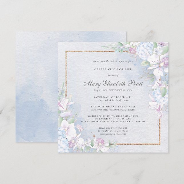 Firande i Life Dusty Blue and White Blommigt Inbjudningar (Fram/baksida)