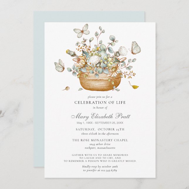 Firande i Life Dusty Blue Blommigt Butterfly Inbjudningar (Fram/baksida)