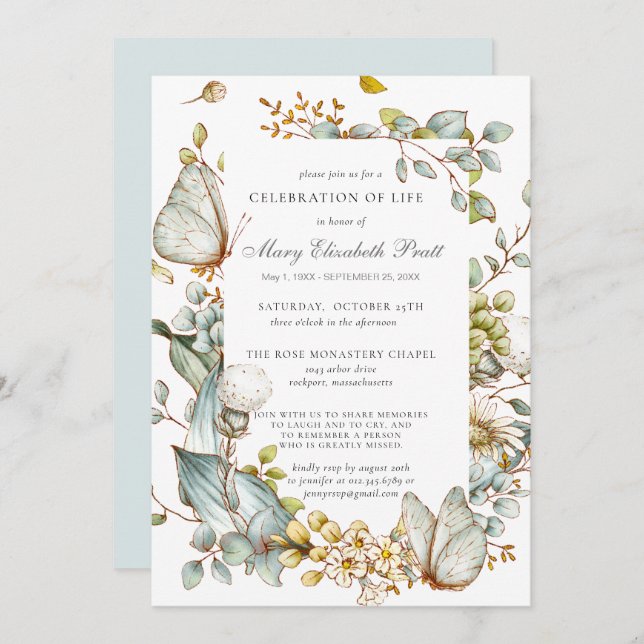 Firande i Life Dusty Blue Botanical Inbjudningar (Fram/baksida)