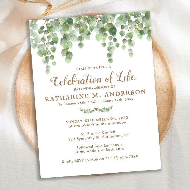 Firande i Life Eucalyptus Greenery Funeral Inbjudan Vykort (Skapare uppladdad)