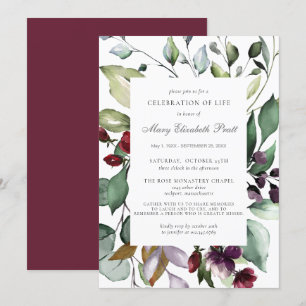 Firande i Life Funeral Burgundy Red Botanical Inbjudningar