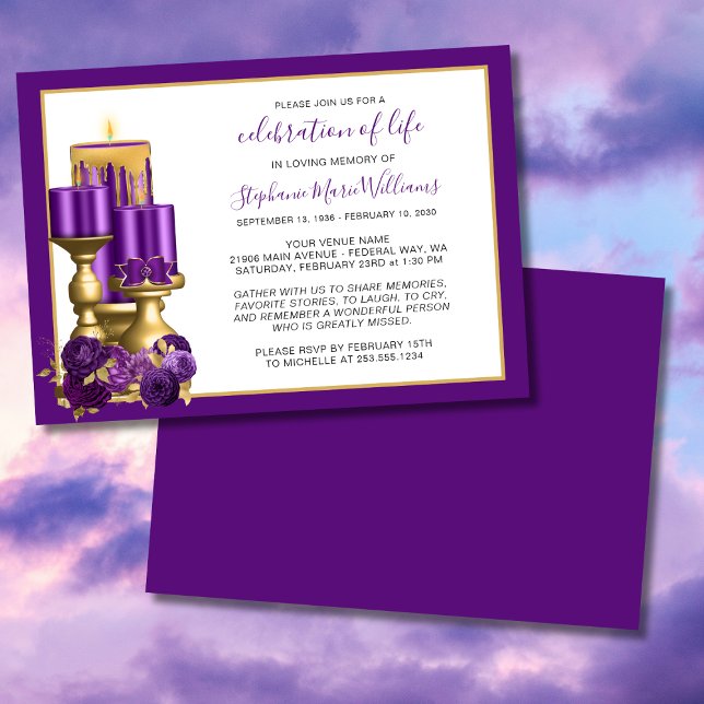 Firande i Life Funeral Lila Candle Inbjudningar (Celebration of Life Funeral Memorial Purple Candle Invitation)