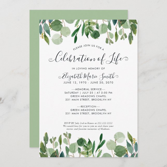 Firande i Life Funeral Memorial Botanical Inbjudningar (Fram/baksida)