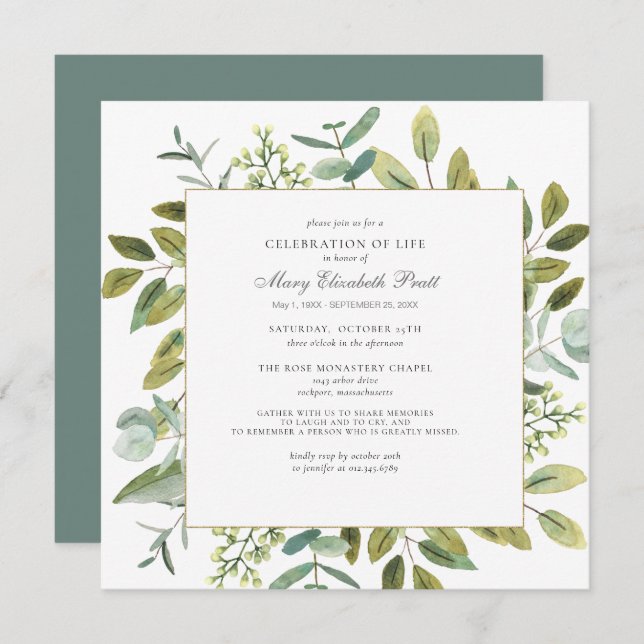 Firande i Life Funeral Memorial Botanical Inbjudningar (Fram/baksida)