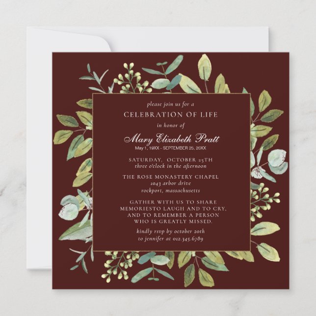 Firande i Life Funeral Memorial Botanical Inbjudningar (Framsida)