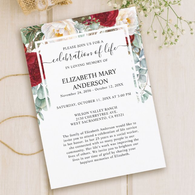 Firande i Life Funeral Memorial Röd ros Inbjudningar (Skapare uppladdad)