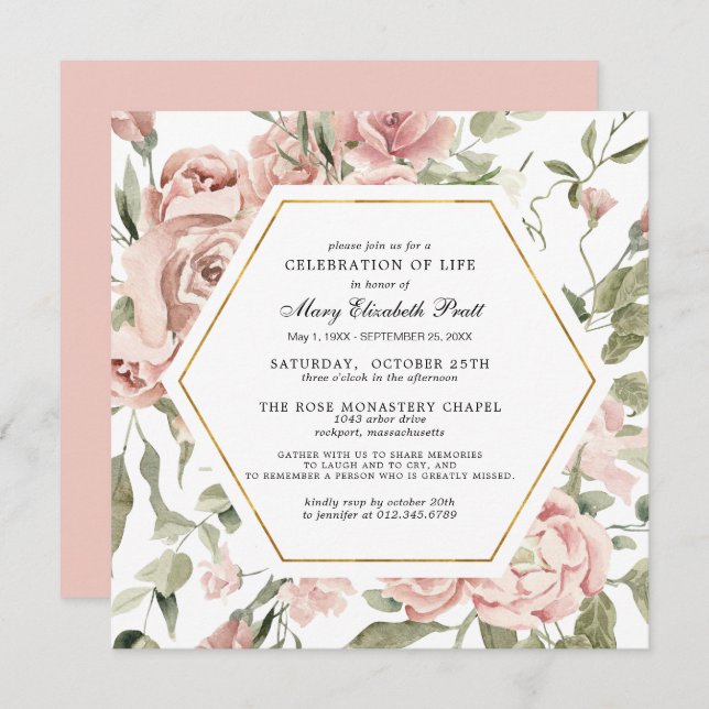 Firande i Life Funeral Memorial Rosa Blommigt I Inbjudningar (Fram/baksida)