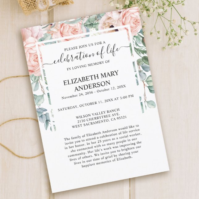 Firande i Life Funeral Memorial Rosa  Inbjudningar (Skapare uppladdad)