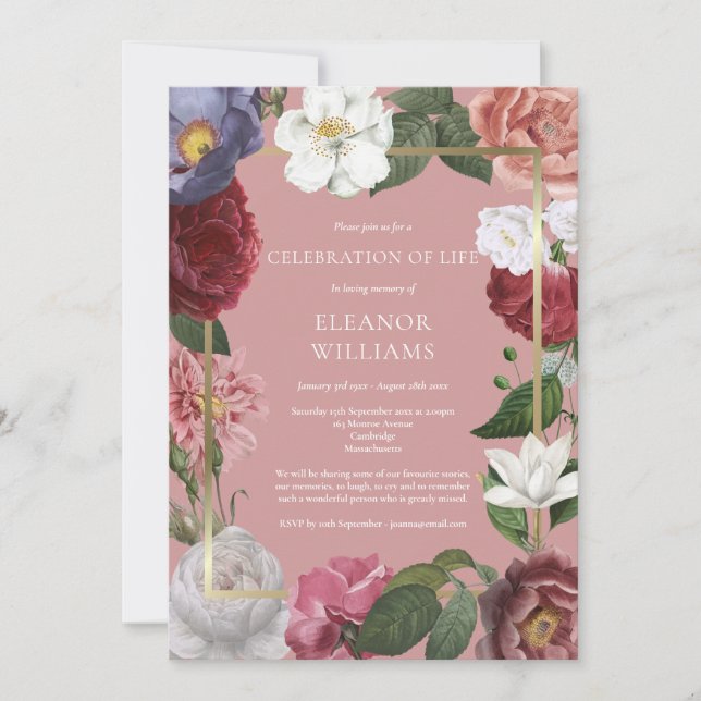 Firande i Life Funeral Rosa ros Blommigt Guld Inbjudningar (Framsida)