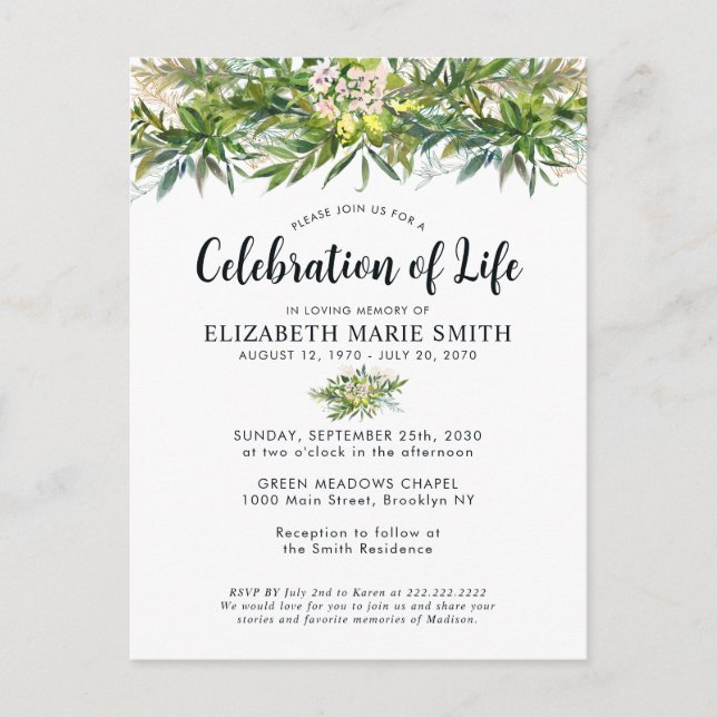 Firande i Life Greenery Chic Funeral Memorial Vykort (Framsida)