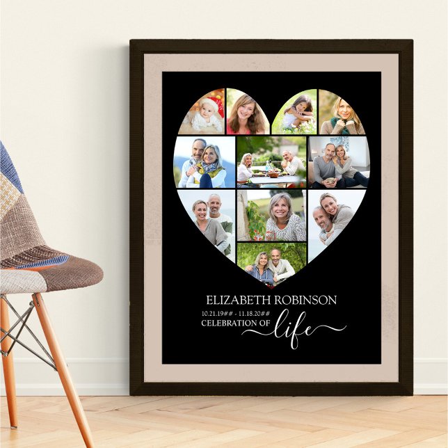 Firande i Life Hjärtformade 11 Photo Collage Poster (Funeral memorial poster to order professionally printed or as a printable digital download)