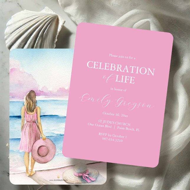 Firande i Life-inbjudan - vattenfärgsblock Spara Datumet (Celebration of life invitations features pink watercolor beach art by Victoria Grigaliunas)