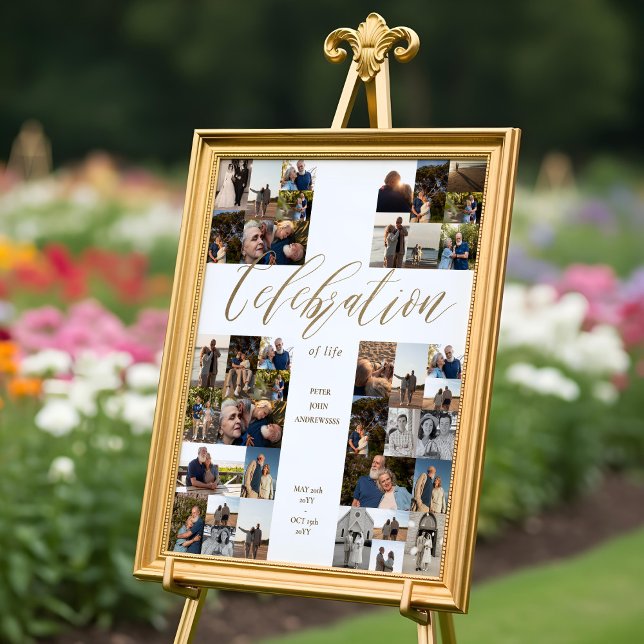 Firande i Life Kor fotokollage Funeral Poster (Celebration of Life Cross Photo Collage Funeral Poster)