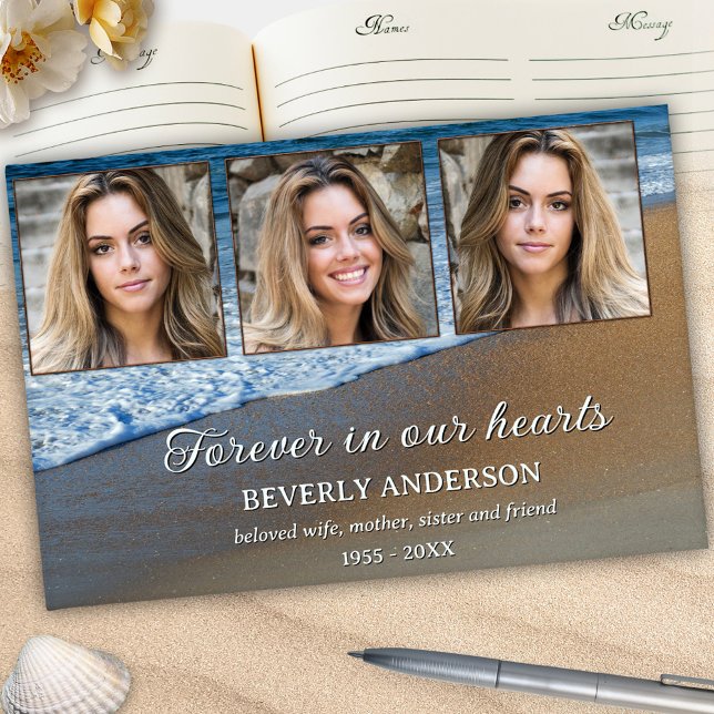 Firande i Life Memorial Keepsaké Photo Gästböcker (Celebration of life guest book featuring 3 custom photos framed by waves rolling on the beach)