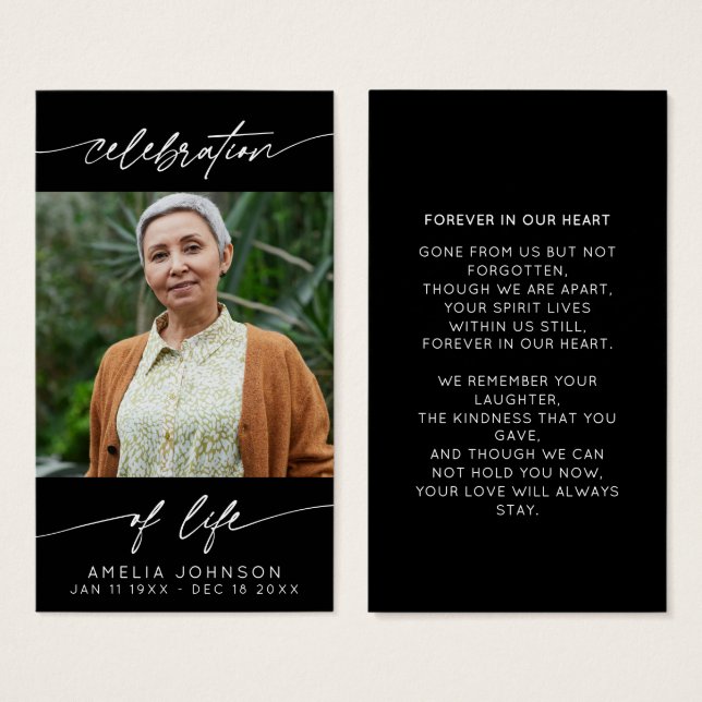 Firande i Life Modern Script Photo Funeral Visitkort (Framsida & baksida)