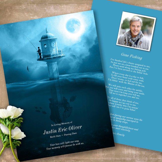 Firande i Life Ocean Fisherman Funeral Tack Kort (Sympathy Photo Celebration of Life, In Loving Memory, Forever in our Hearts Funeral thank you cards)