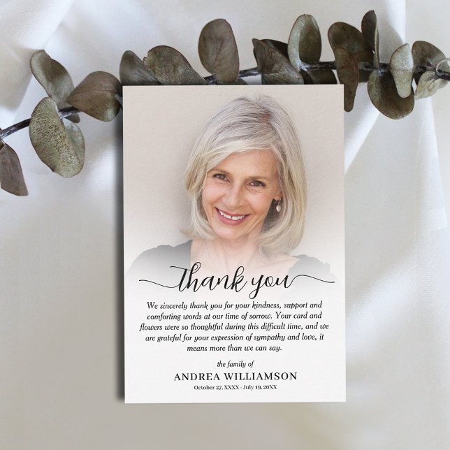 Firande i Life Photo Tack Kort (Simple funeral flat thank you notes, photo, name, dates and thank you message on the front)